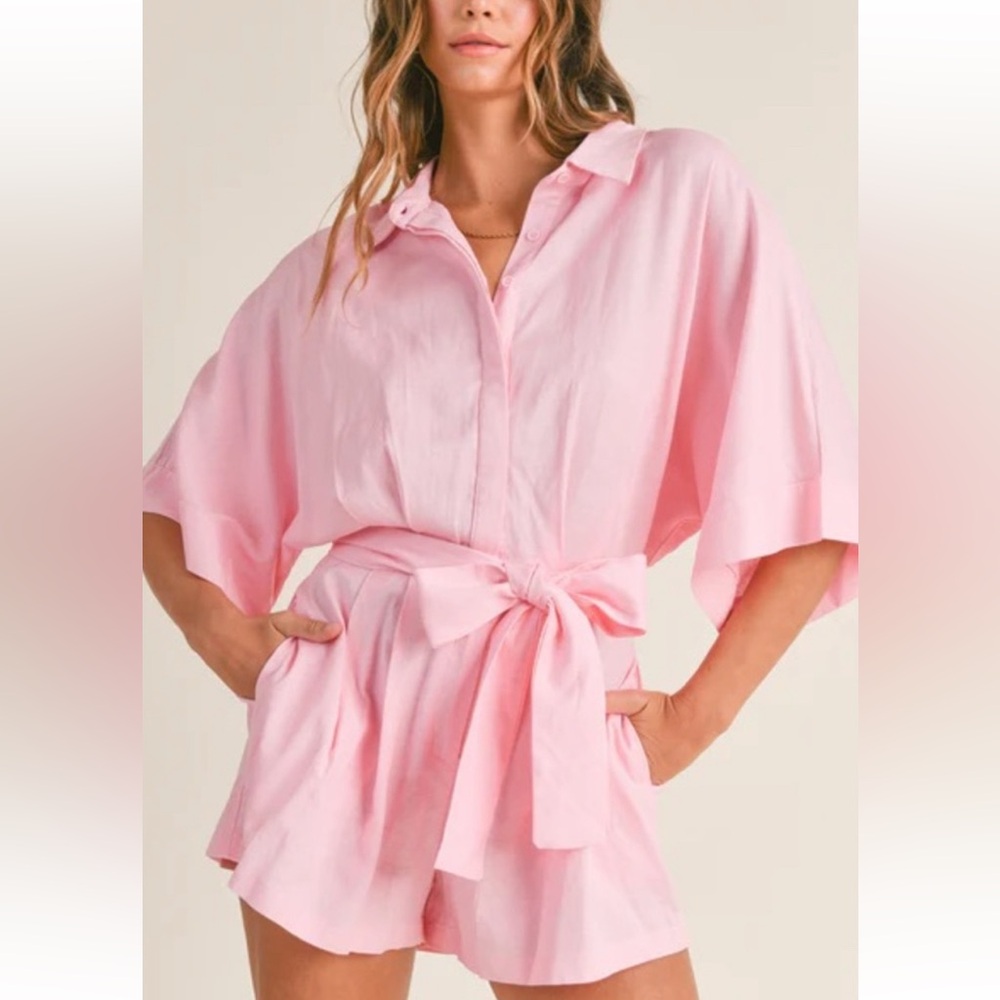 Mable Kaliyah Romper Linen Blend Button Down/Zipper Bell Sleeve Smocked Waist L👍